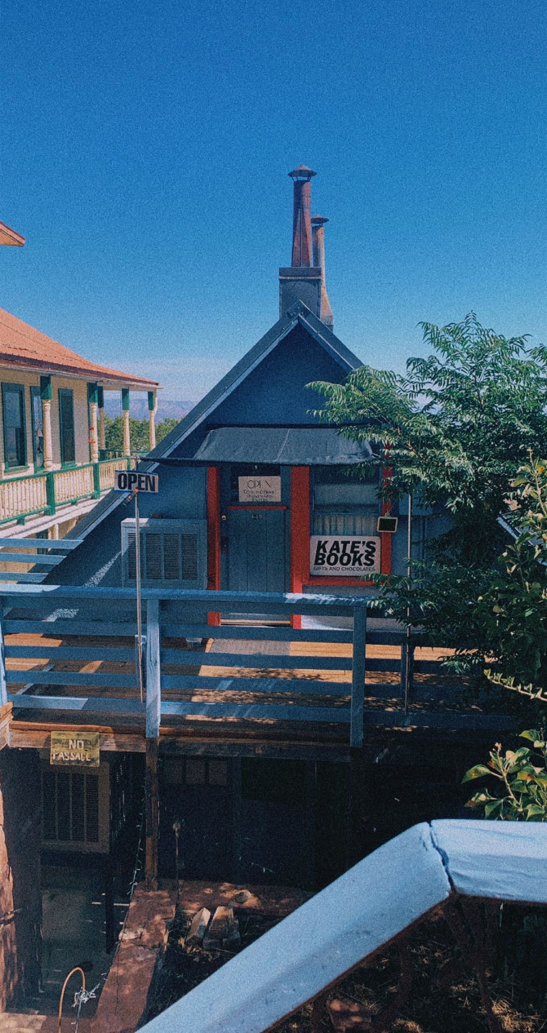 Kate's Books sign from on top of the hill.