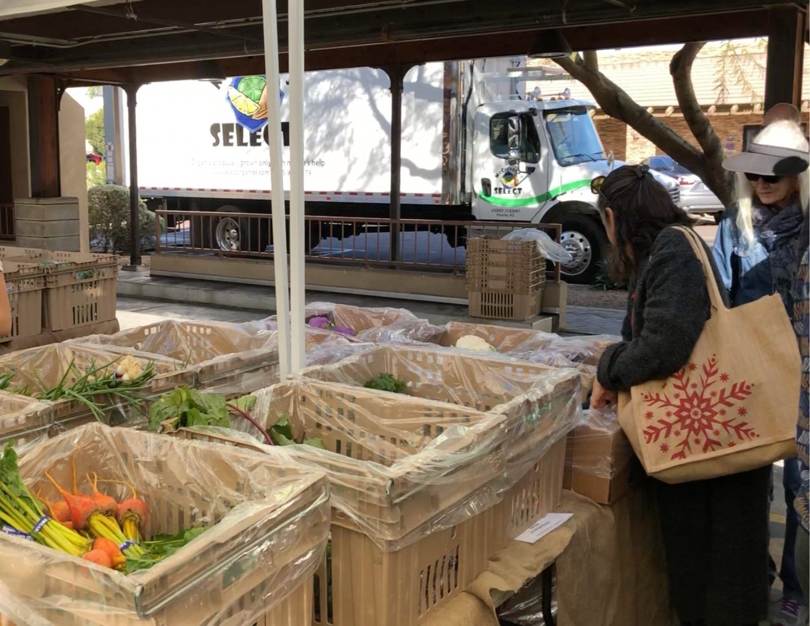 two women on the right looking thru boxes filled with fresh vegetables at a farmers market