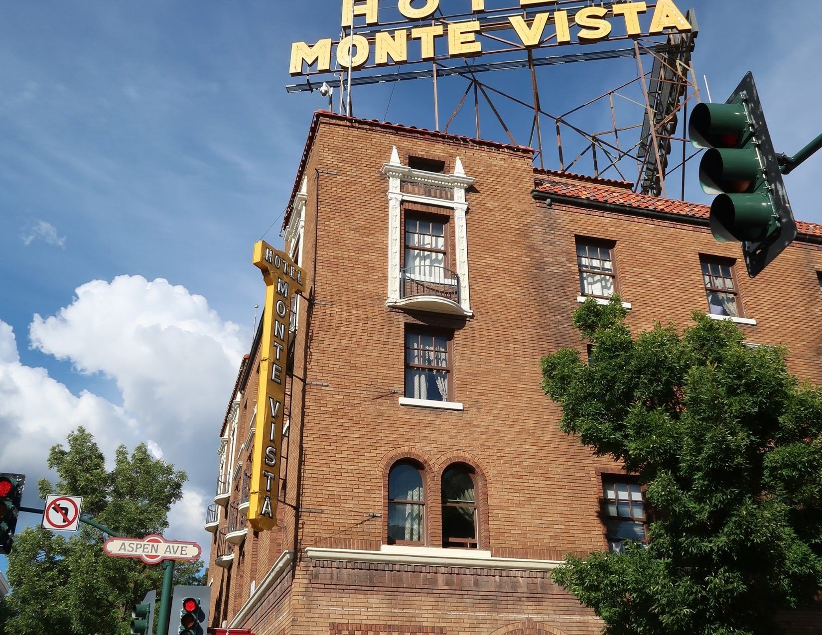 picture of an old brick building, Hotel Monte Vista, in Downtown Flagstaff, Arizona