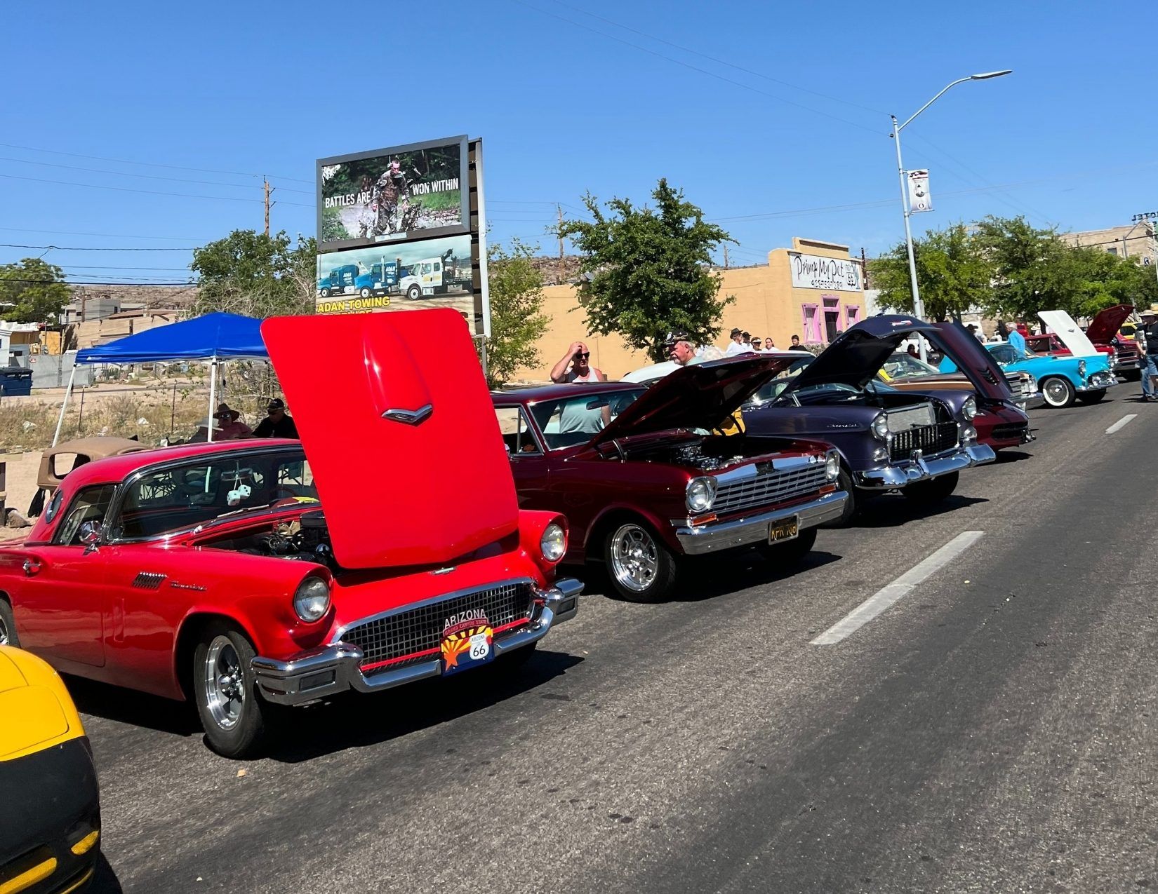 Muscle Cars lined up on the street for the Fun Run in Kingman Arizona