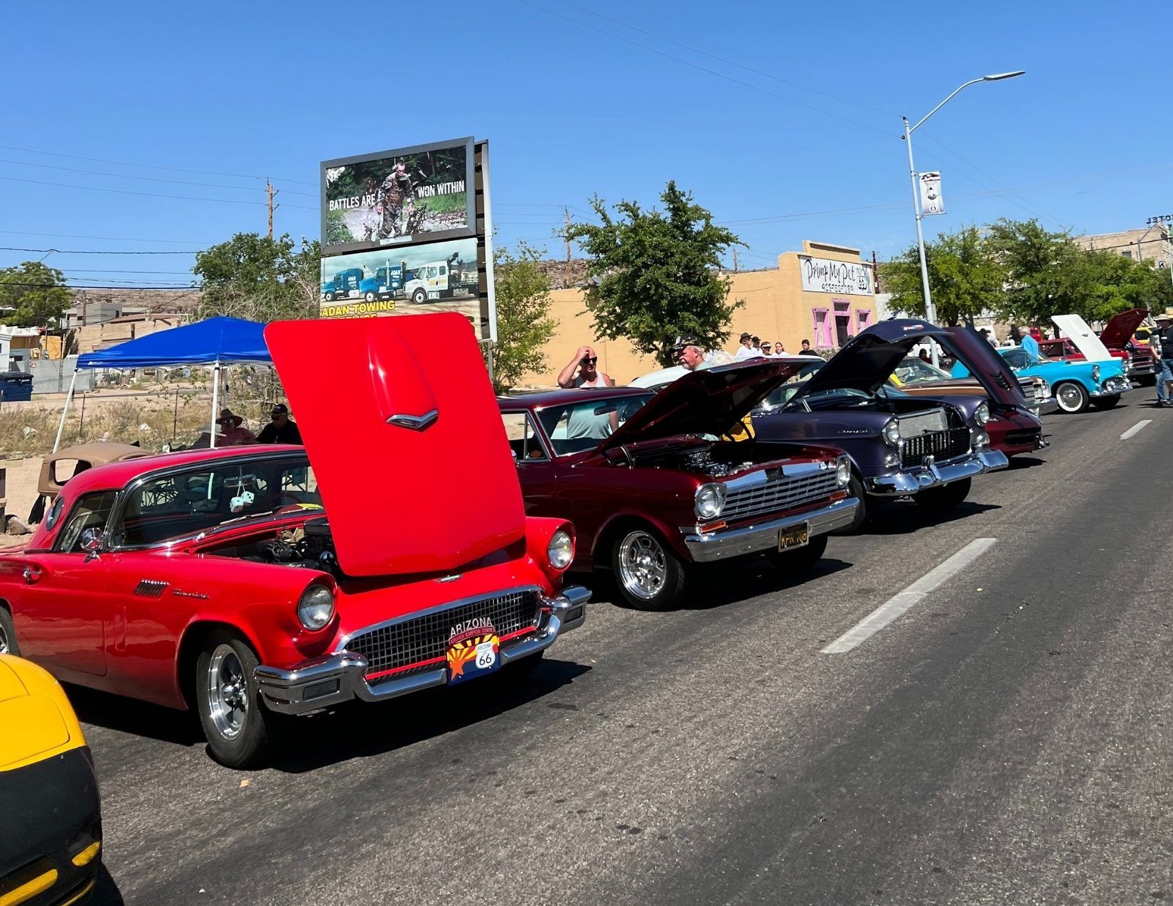 Muscle Cars lined up on the street for the Fun Run in Kingman Arizona