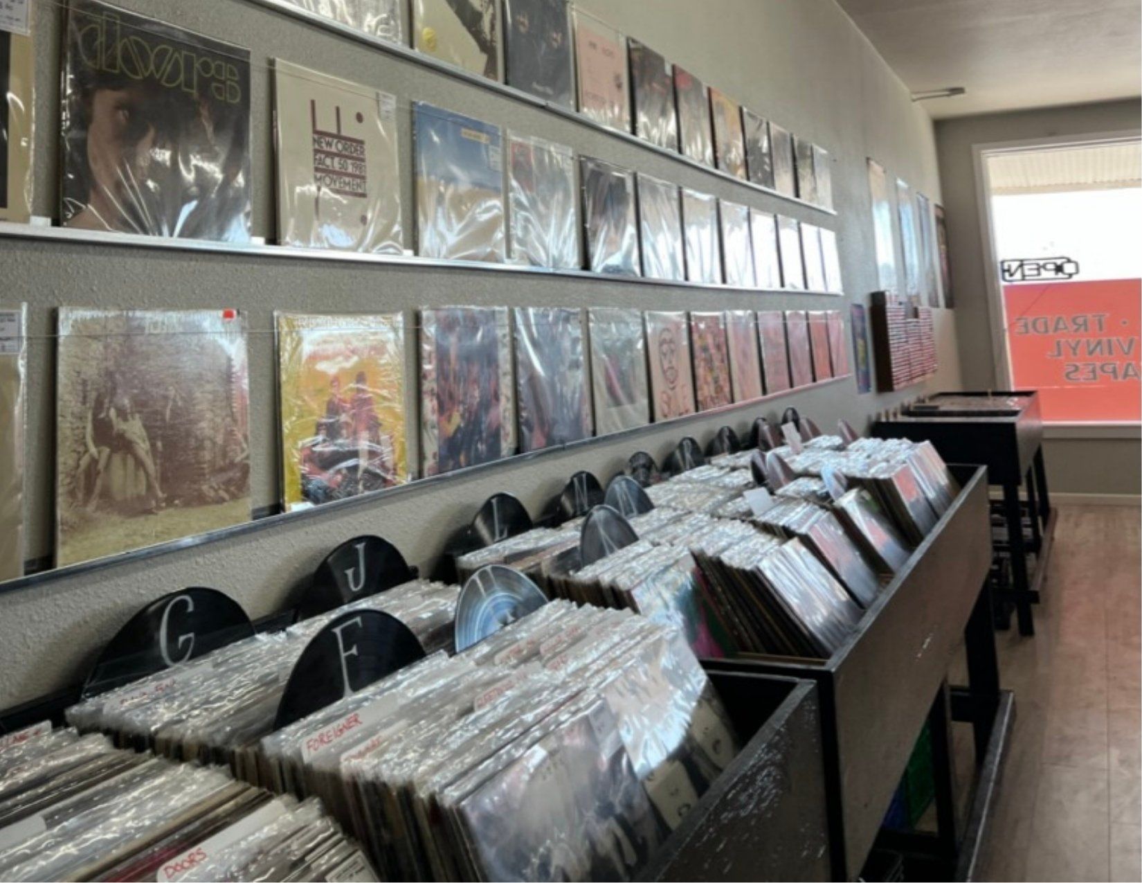 Many classic vinyl records on display at shady grove records in Kingman Arizona