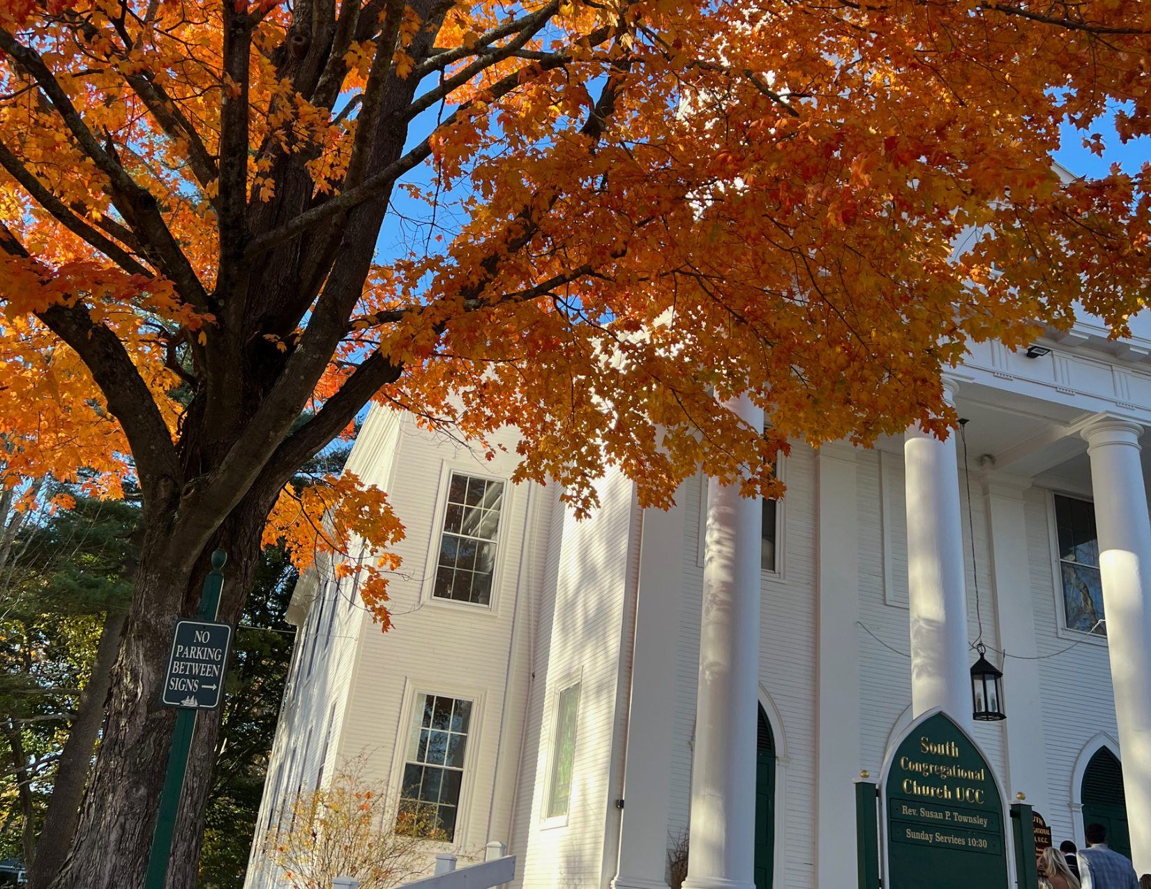 A large tree with vibrant orange leaves in front of a white church in Kennebunkport, Maine