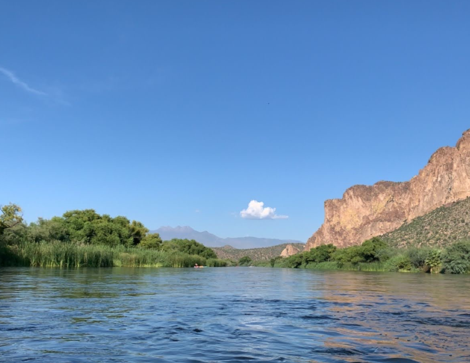 blue water, green trees, and the Four Peaks Mountains in the background of the Salt River in Arizona