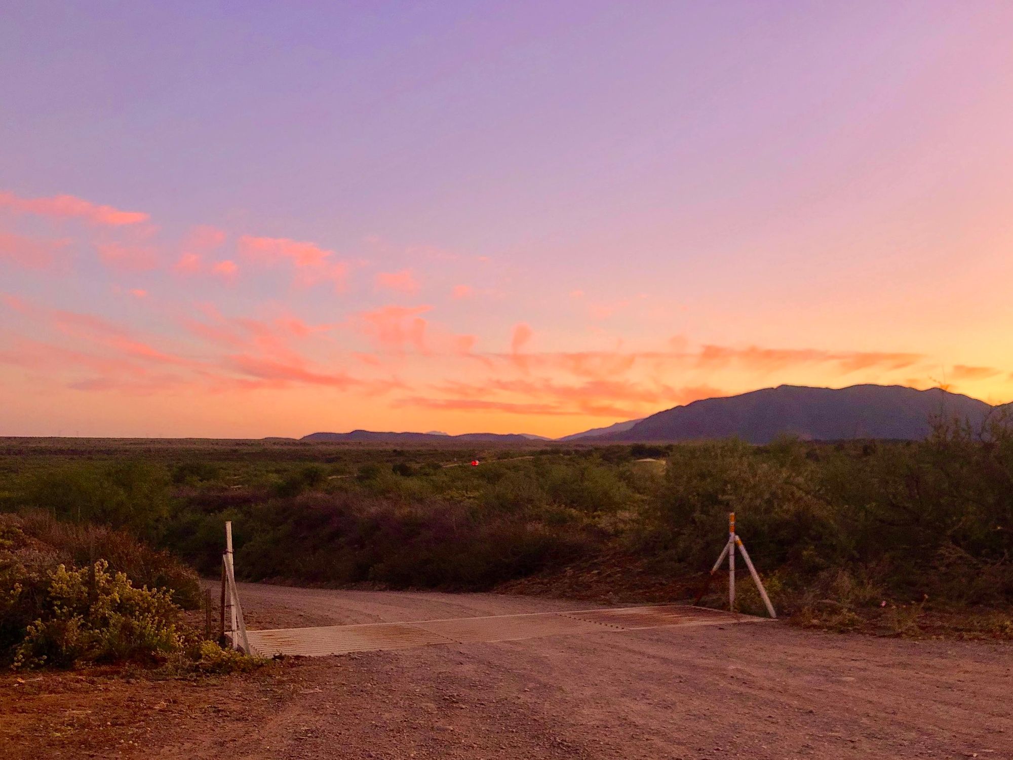 light orange, yellow, pink, and purple sunset behind purple mountains in the desert in Arizona