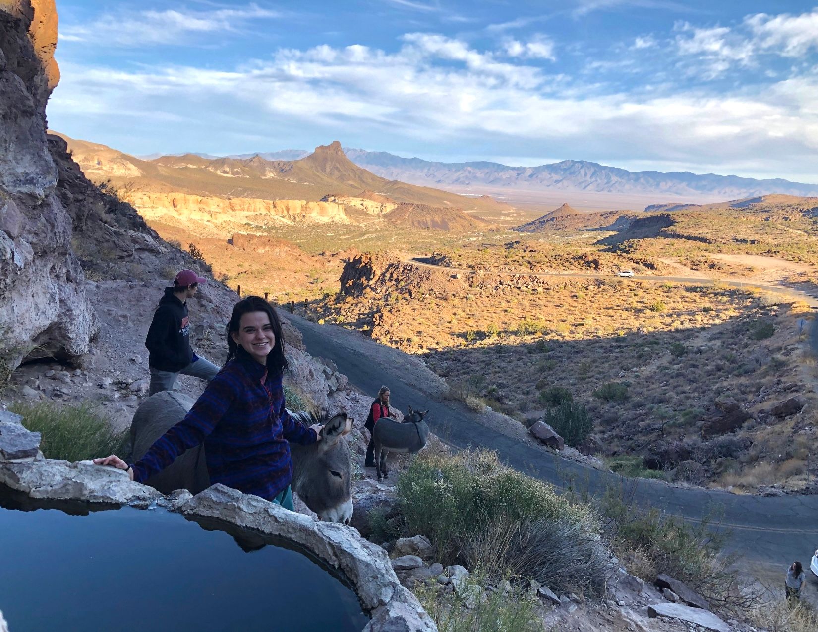 woman smiling with expansive desert background on the Route 66 near Oatman Arizona