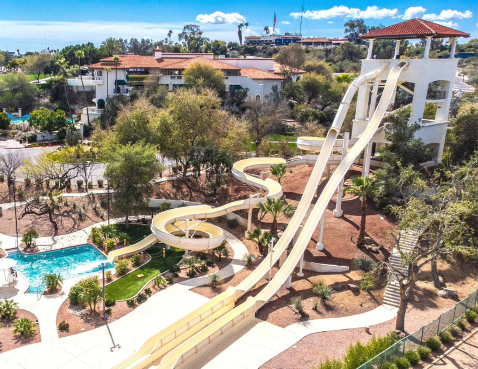 Waterpark in Phoenix, Arizona featuring three large waterslides and a lazy river.