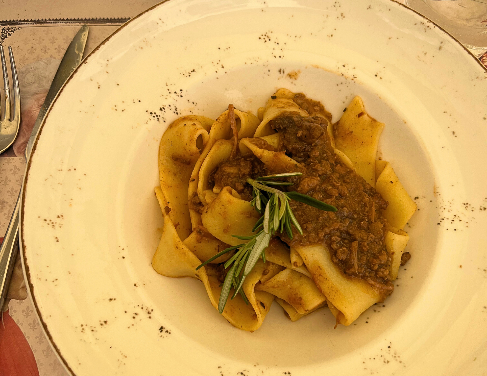 A plate beautiful of a traditional Florence dish, Pappardelle al Cinghiale, or Pappardelle with wild boar, being enjoyed at a restaurant in Florence, Italy