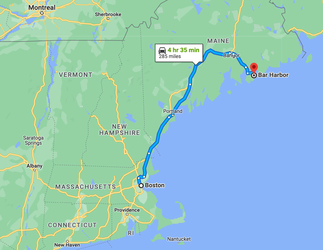 Screenshot of Google Maps showing the road trip route from Boston, MA to Bar Harbor, ME