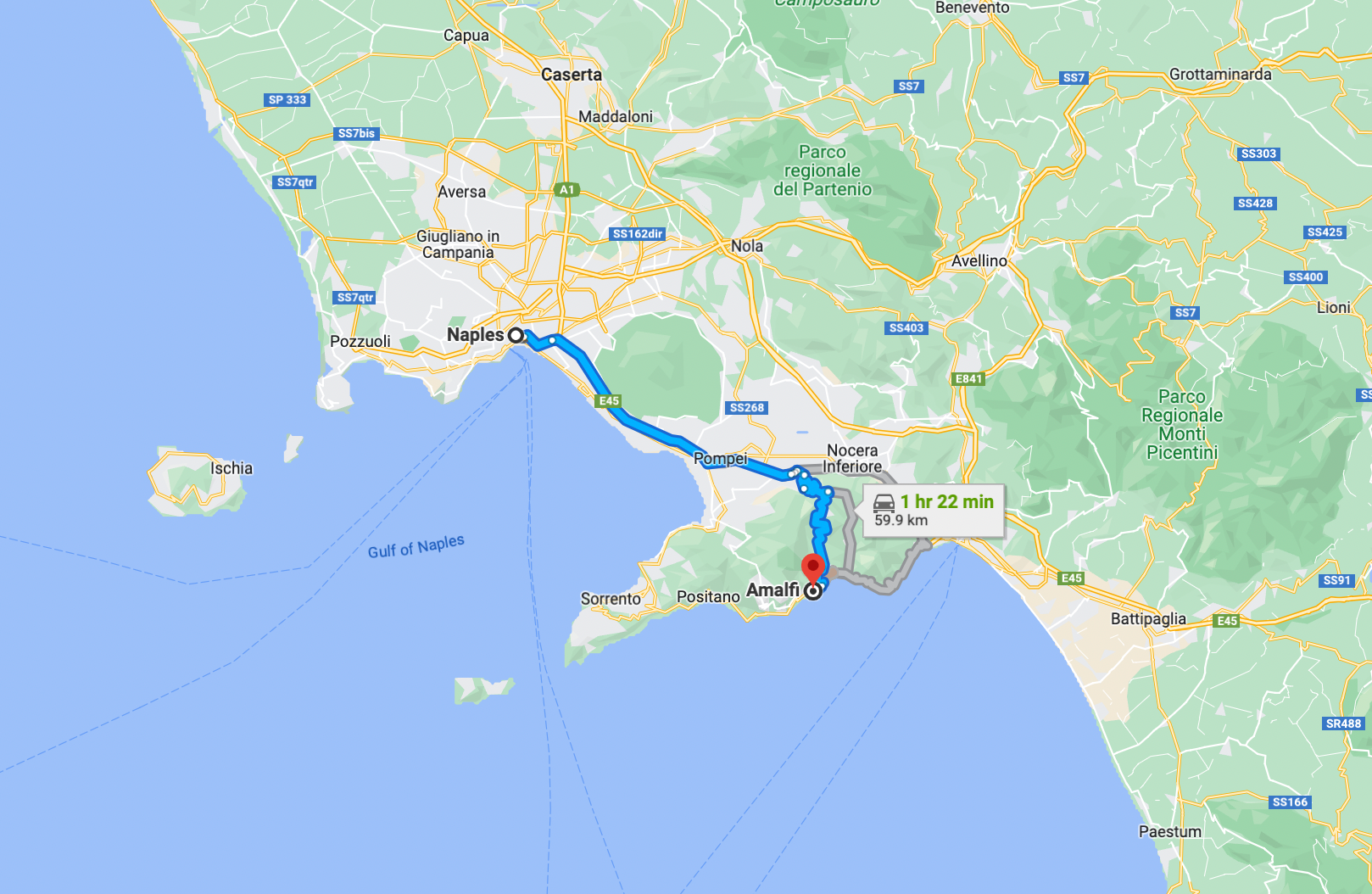 A screenshot of Google Maps showing the driving route of Naples, Italy to Amalfi, SA, Italy