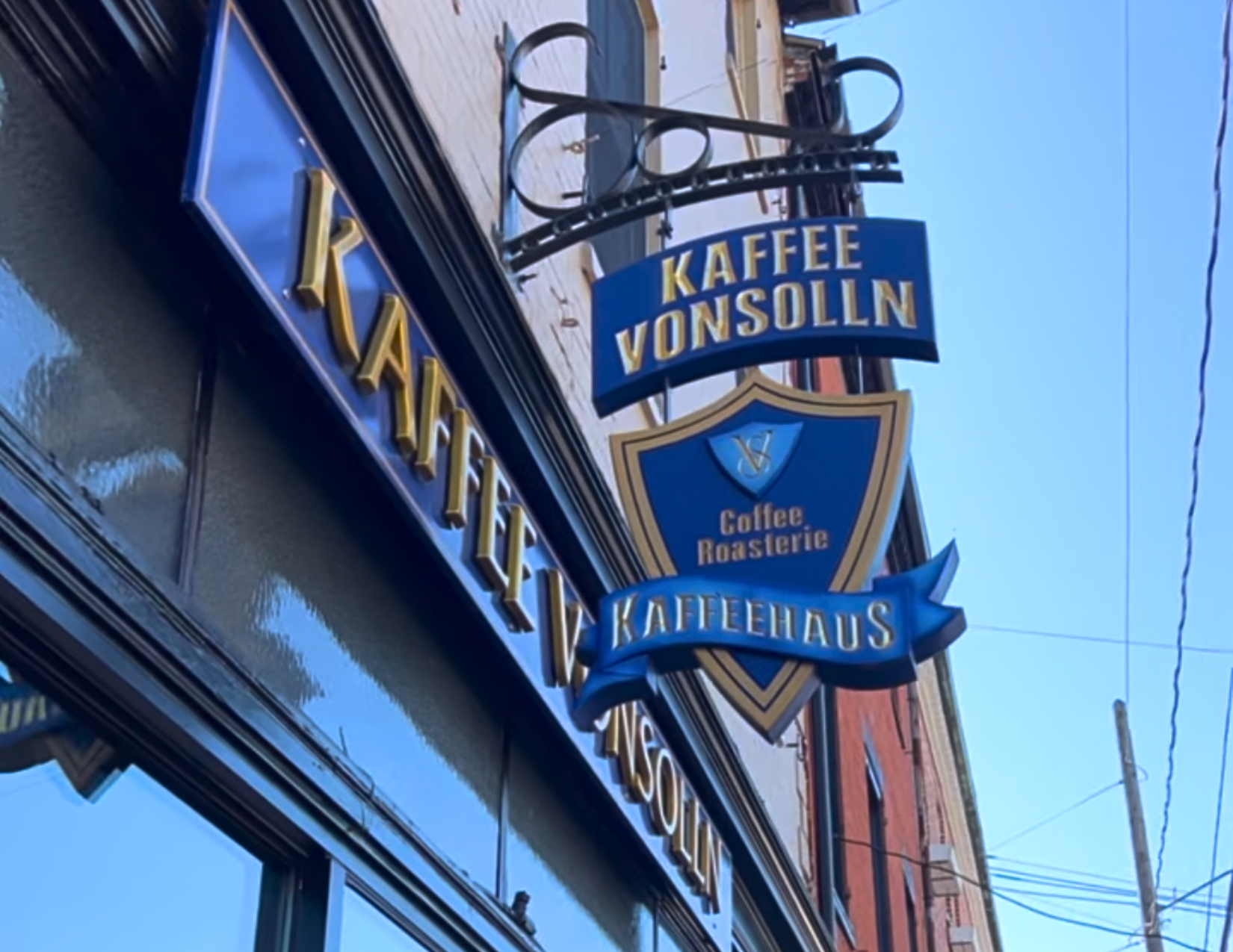 The outside of the German coffee shop "Kaffee Vonsolln" in the streets of Porstmouth, New Hampshire