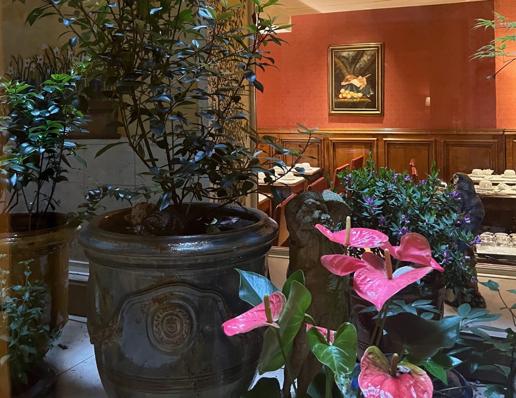 Potted plants inside of the Hotel Left Bank in Paris, France