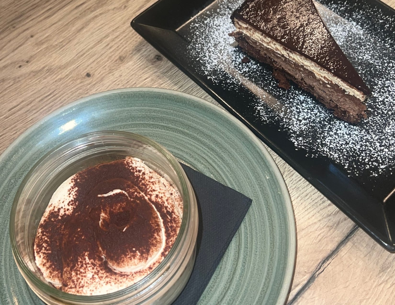 Tiramisu and torta cioccolato e nocciola desserts at the Latin Quartier restaurant in Paris, France