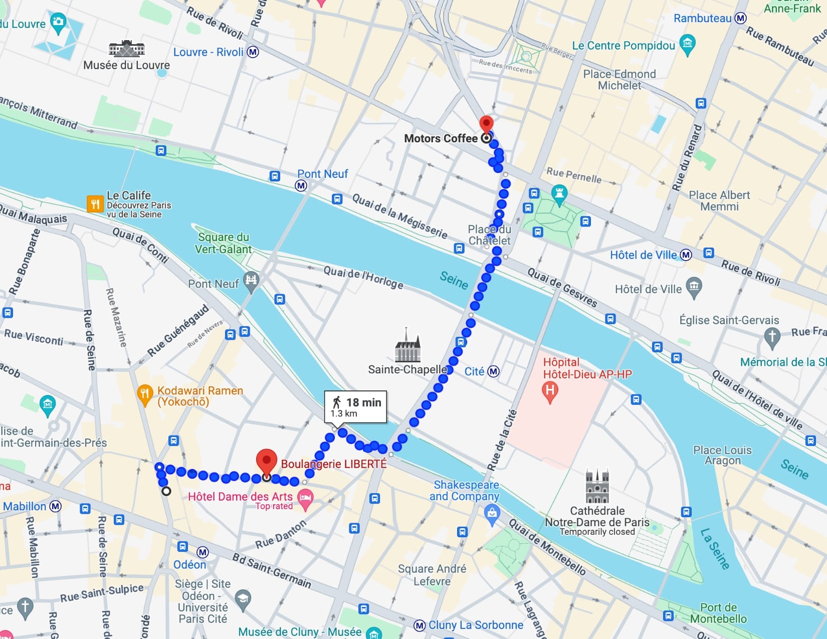 Google map image showing directions walking from Hotel Left Bank to Motors Coffee in Paris, France