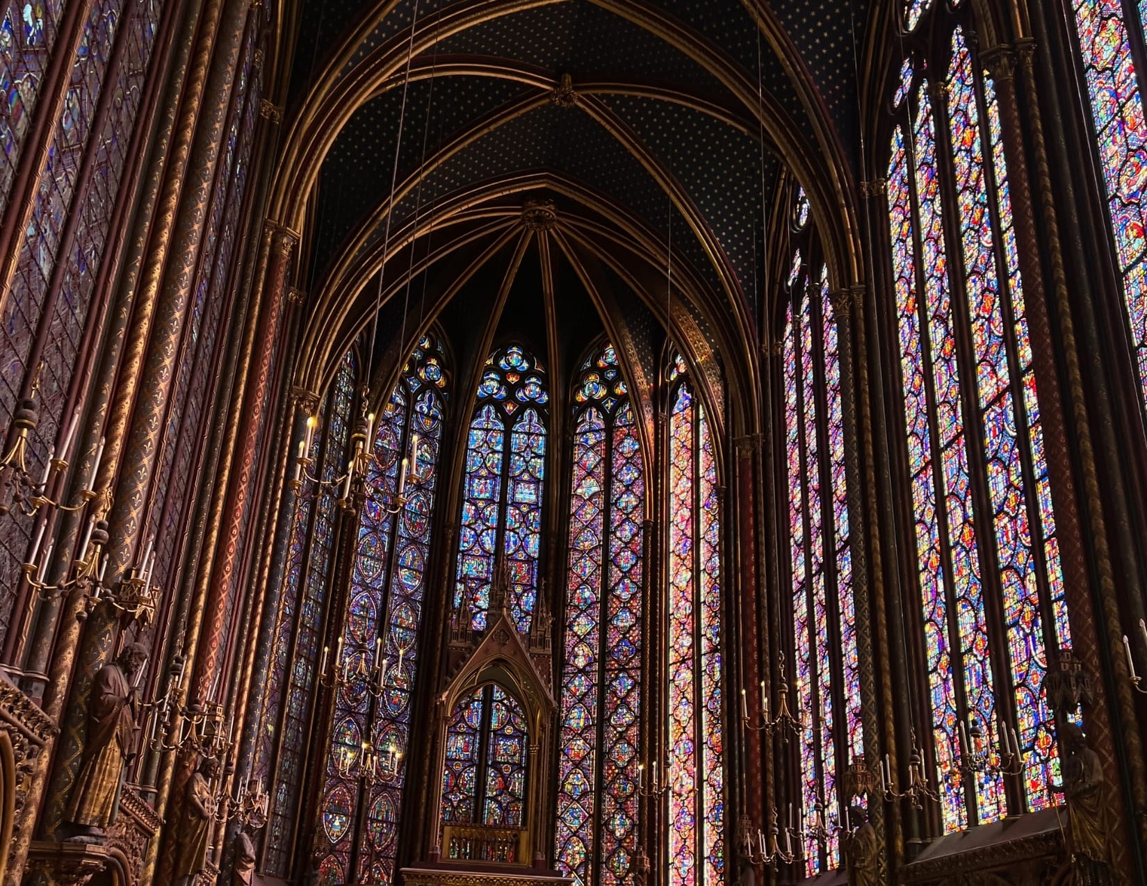 beautiful and colorful stained glass panels at Sainte-Chapelle in Paris, France