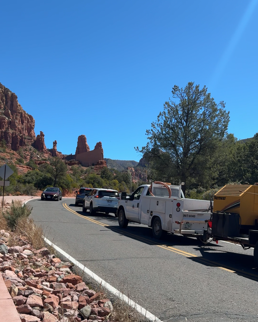 Line of cars waiting to go to the Chapel of the Holy Cross in Sedona, Arizona