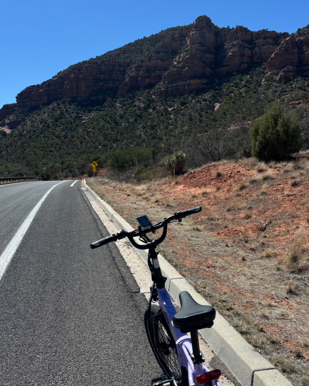 Purple Lectric Ebike next to gorgeous rock formations in Sedona, Arizona