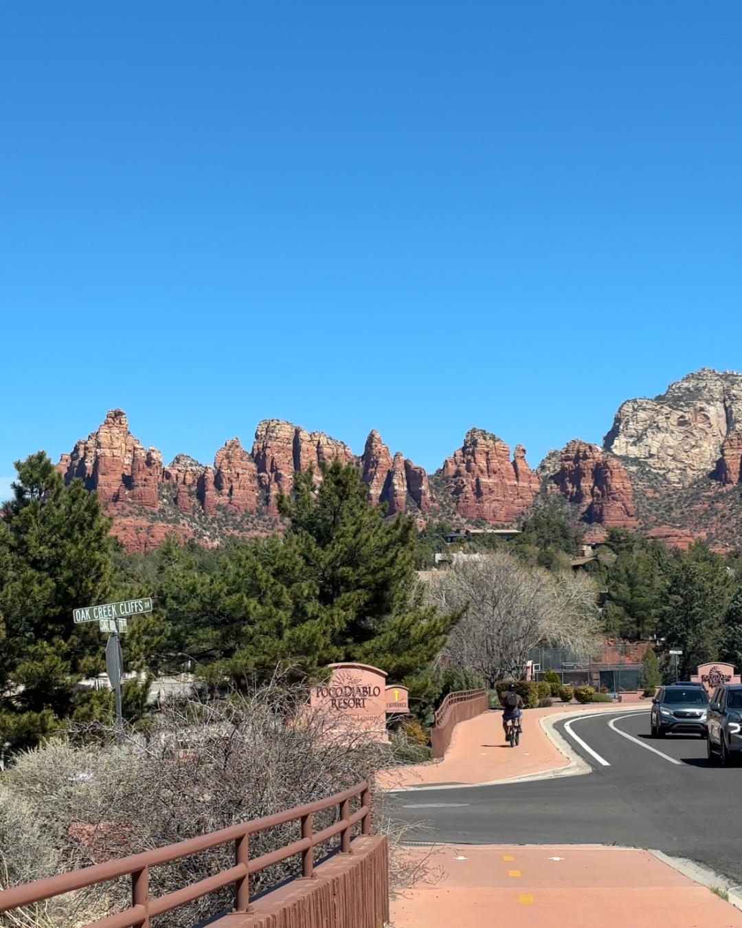 Street view of red rocks while biking in Sedona, Arizona